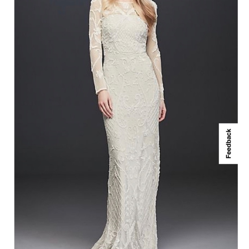 Davids Bridal all over scroll beaded illusion long sleeve gown BRAND NEW
